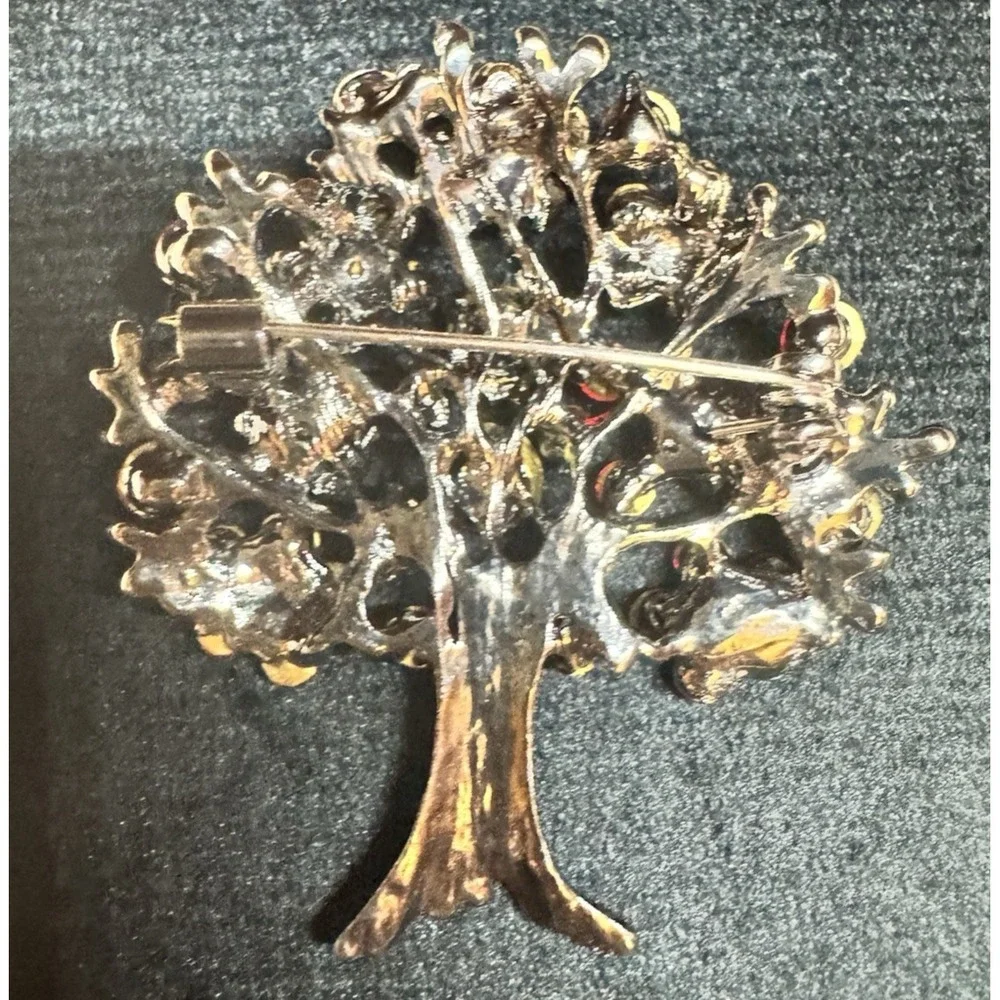 Vintage Red Rhinestone Tree Brooch Silver Tone Figural Statement Pin